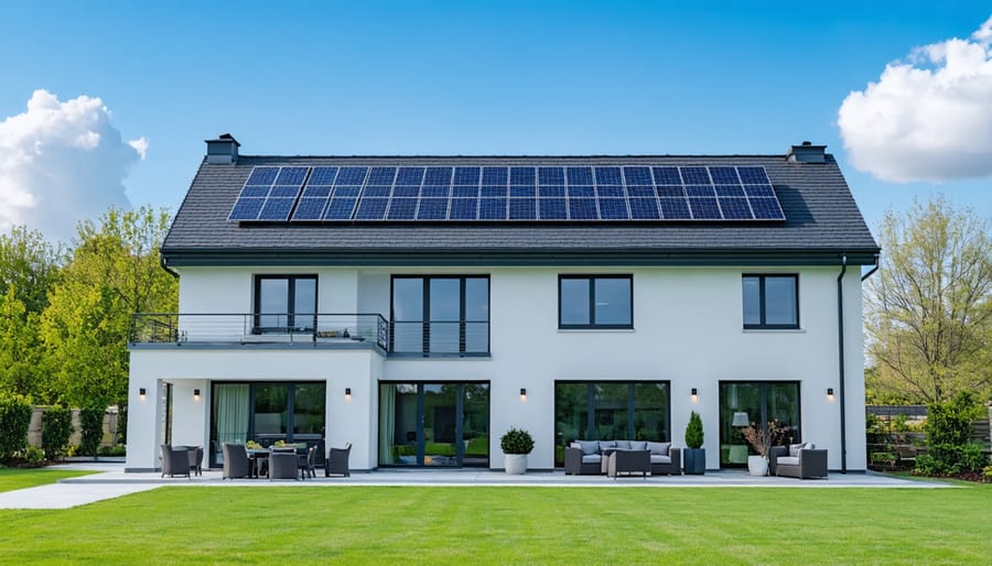 Homeowner holding smartphone with loan approval notification in front of residential solar panel installation