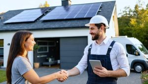 Solar installer shaking hands with a homeowner beside a house with rooftop solar panels, tablet in the installer’s hand, golden-hour lighting with a blurred van and trees in the background.