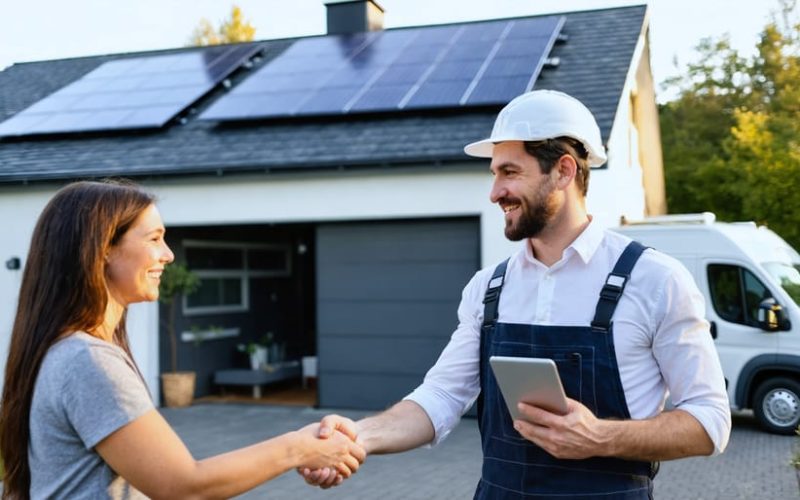 Solar installer shaking hands with a homeowner beside a house with rooftop solar panels, tablet in the installer’s hand, golden-hour lighting with a blurred van and trees in the background.