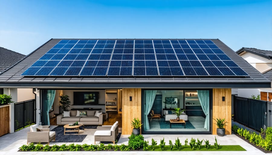 Aerial view of suburban neighborhood with solar panels installed on multiple residential rooftops