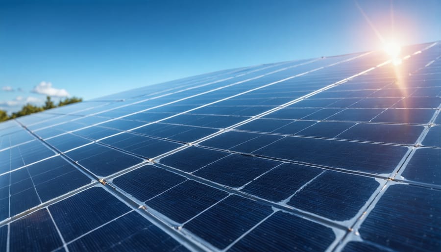 Solar technician using digital tablet beside residential solar panel installation