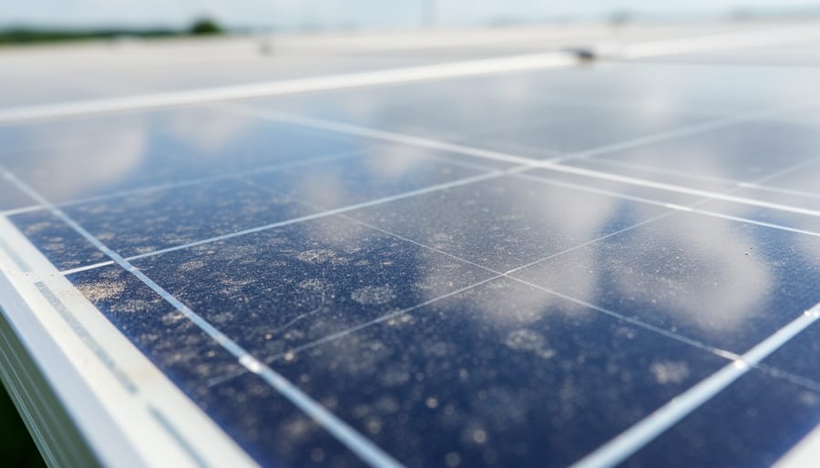 Close-up of a solar panel surface showing fine surface weathering and reflections