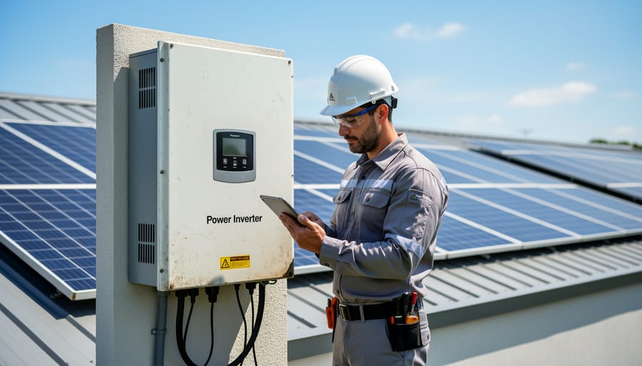Outdoor solar inverter unit mounted near a home with solar panels in the background