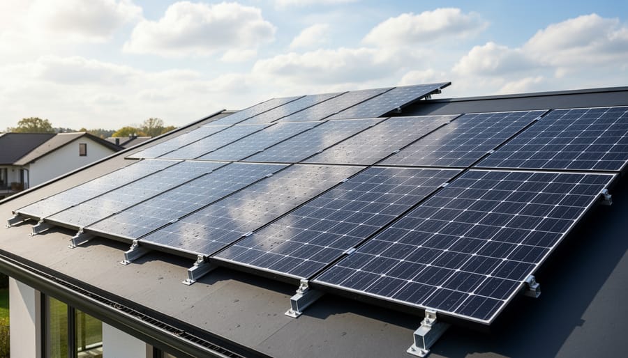 Residential rooftop solar panels mounted in an orderly grid