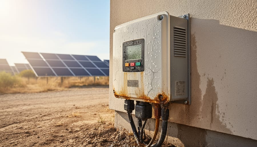 Rooftop solar panels with foreground inverter conduit and corrosion near cable entry under strong sunlight