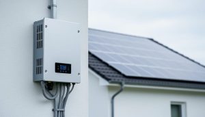 Modern solar inverter mounted outdoors on a residential wall beside a solar panel array, with visible wiring and conduit in a clean technical setting.