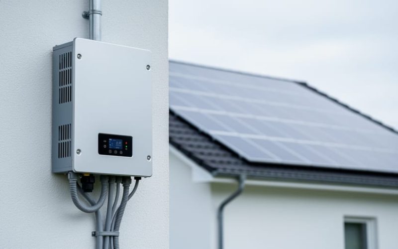 Modern solar inverter mounted outdoors on a residential wall beside a solar panel array, with visible wiring and conduit in a clean technical setting.