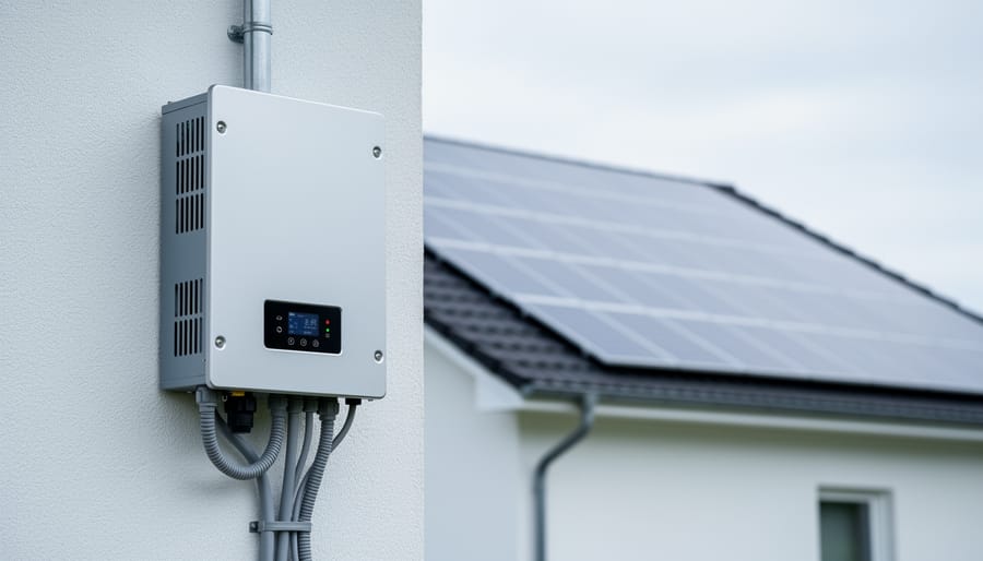 Modern solar inverter mounted outdoors on a residential wall beside a solar panel array, with visible wiring and conduit in a clean technical setting.