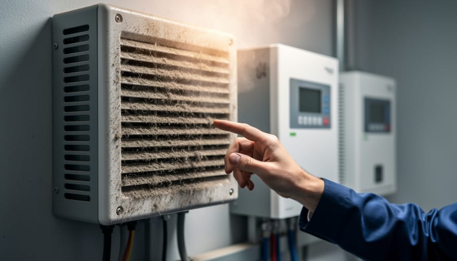 Solar inverter surrounded by dust and obstructed ventilation in a utility enclosure