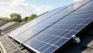 Rooftop solar panel array shown in bright daylight, emphasizing the textured panel surface and durability.