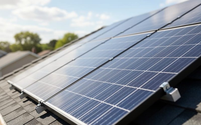 Rooftop solar panel array shown in bright daylight, emphasizing the textured panel surface and durability.