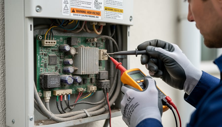 Technician inspecting an open wall-mounted solar inverter with visible internal components and cooling hardware