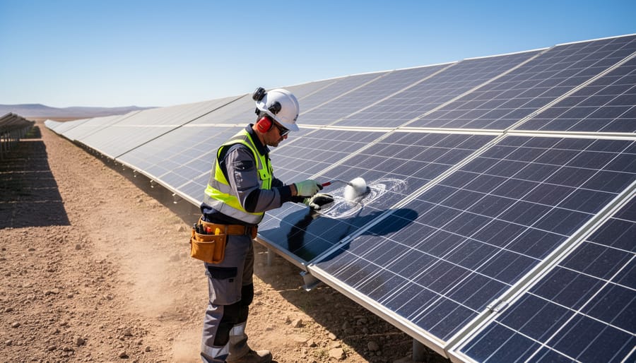 Technician performing maintenance on solar panels in a solar farm setting