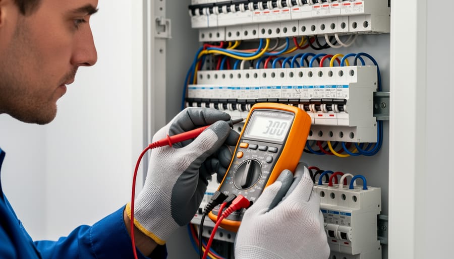 Technician wearing gloves using a multimeter probe near a solar inverter’s service terminals