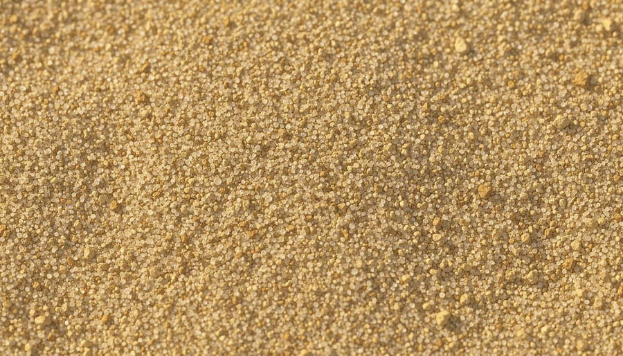 Macro view of coarse sand being poured into a metal bucket with shallow depth of field