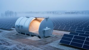 Insulated cylindrical sand battery thermal storage tank with pale sand in front of solar panels in a misty Nordic winter landscape, suggesting solar energy stored as heat.