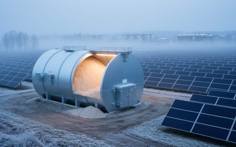 Insulated cylindrical sand battery thermal storage tank with pale sand in front of solar panels in a misty Nordic winter landscape, suggesting solar energy stored as heat.