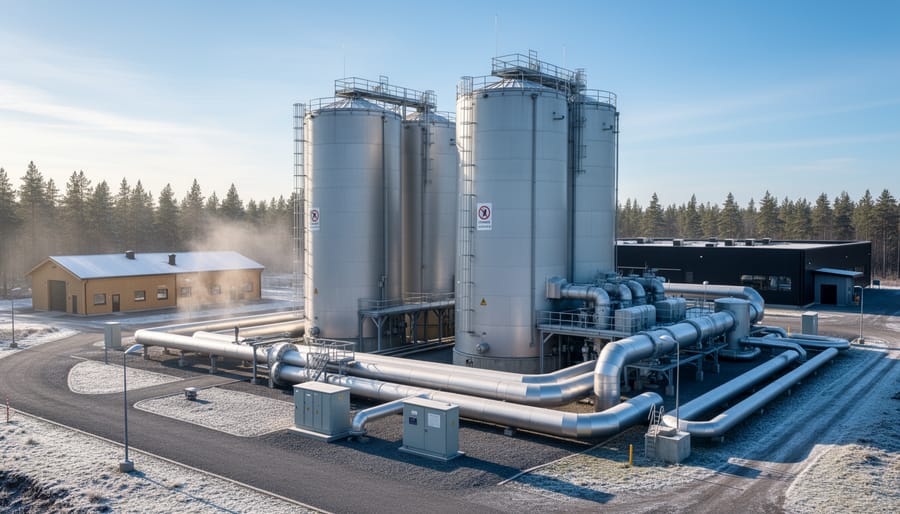 Wide view of large industrial storage silos at a Finnish energy facility in a cold climate