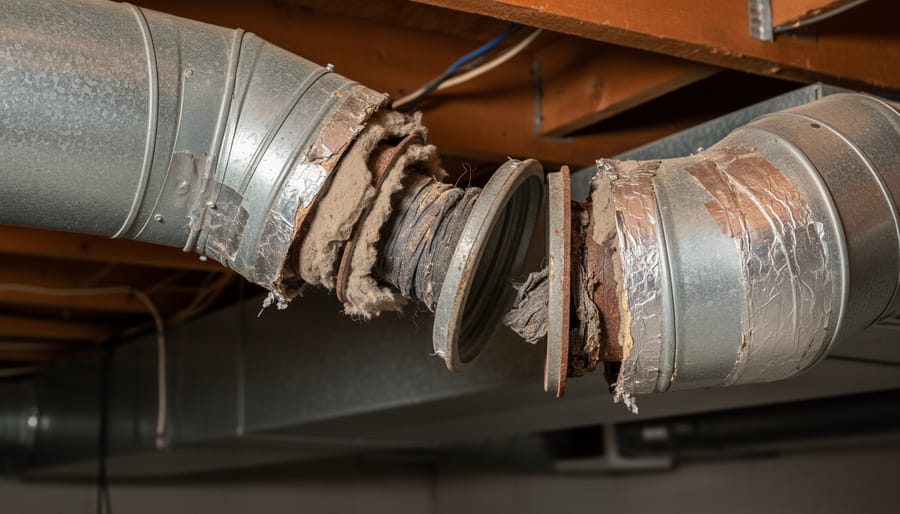 Exposed residential HVAC ductwork and a register boot in an attic with worn seams and insulation gaps