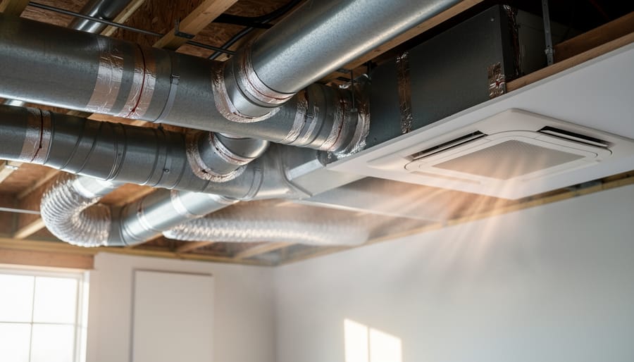 Close view of residential HVAC ductwork joints and a ceiling vent where seams suggest air leakage, illustrating hidden energy loss pathways.