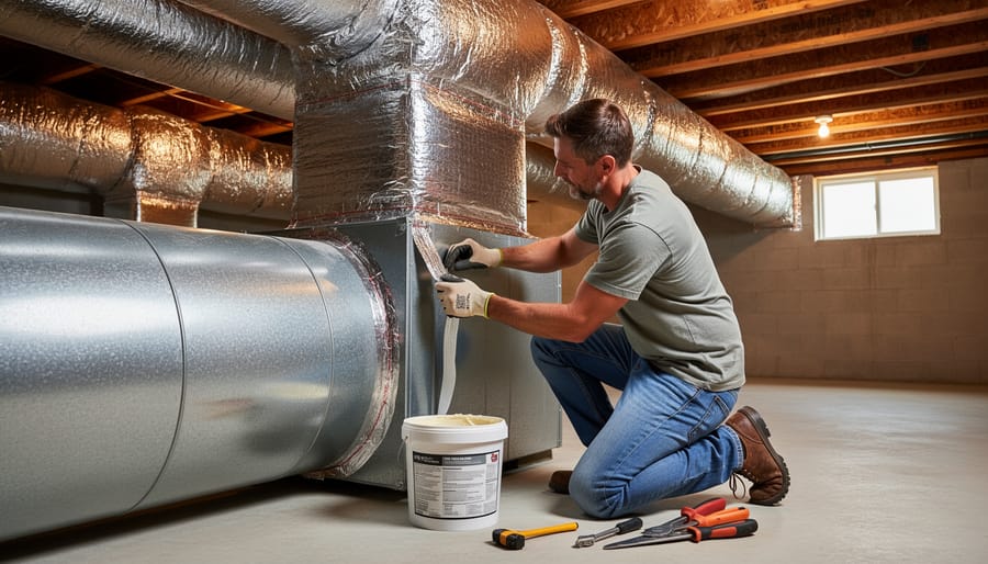Close-up of a person applying mastic sealant to an HVAC duct joint in a basement ceiling