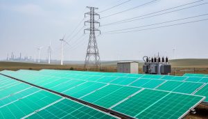 Solar panels and wind turbines with electrical transmission infrastructure in an Indian landscape under a bright sky, symbolizing India’s 300 GW clean energy milestone.