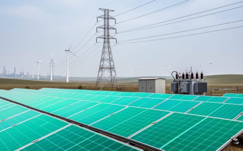 Solar panels and wind turbines with electrical transmission infrastructure in an Indian landscape under a bright sky, symbolizing India’s 300 GW clean energy milestone.