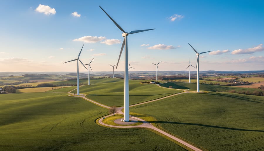 Onshore wind turbines on a landscape under an overcast sky