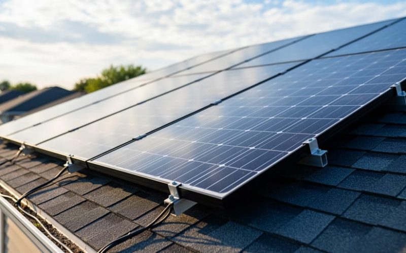 Sunlit solar panels installed on a residential rooftop, shown at a low angle with clear panel texture and roof details.