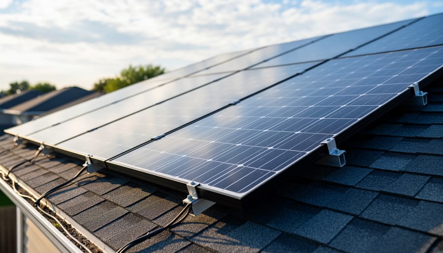 Sunlit solar panels installed on a residential rooftop, shown at a low angle with clear panel texture and roof details.
