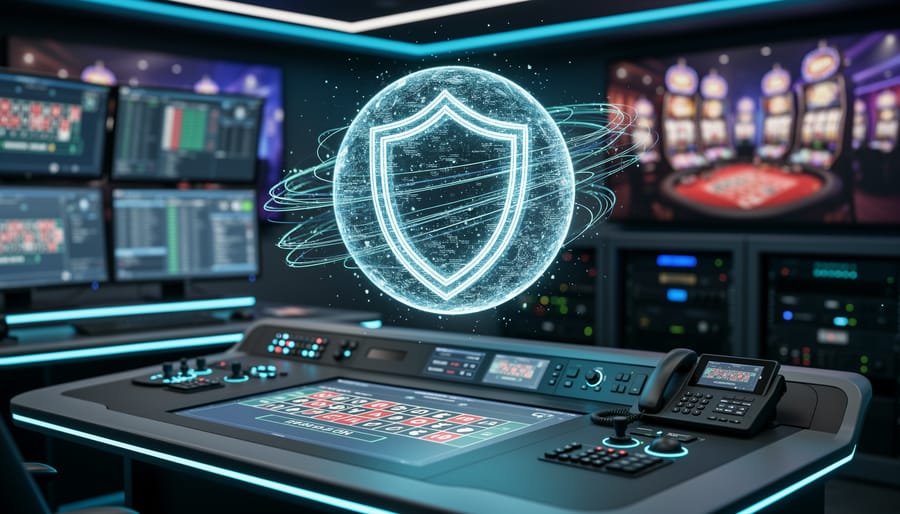 “Glowing data and protective shield concept over a modern security control desk representing real-time monitoring for responsible online casino play.”