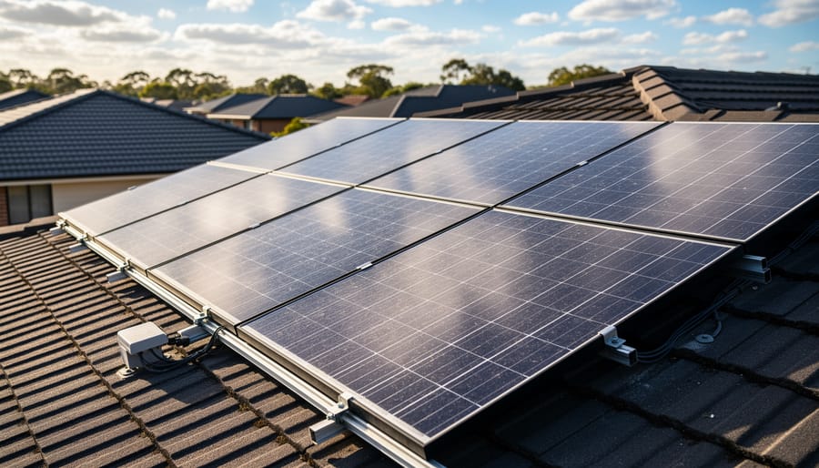 Solar panels installed on a residential rooftop under bright daylight.