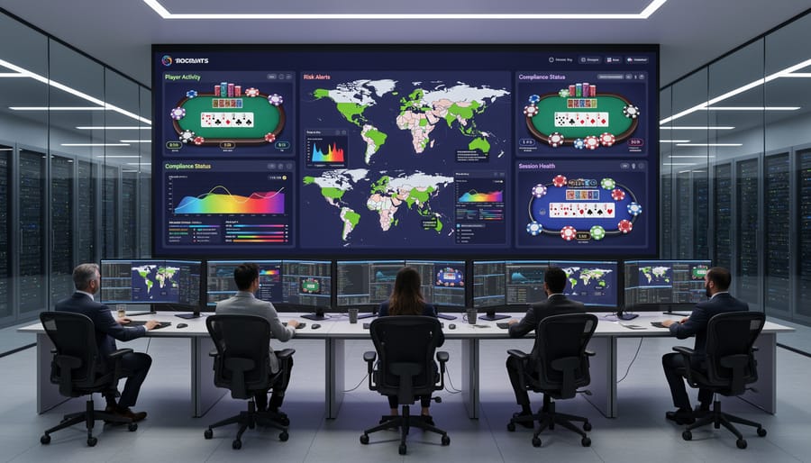 Server room racks with fiber optic cables and softly glowing indicator lights, symbolizing real-time monitoring systems.