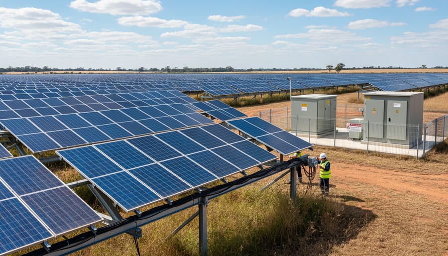 Rows of solar panels in a utility-scale solar farm during golden hour.