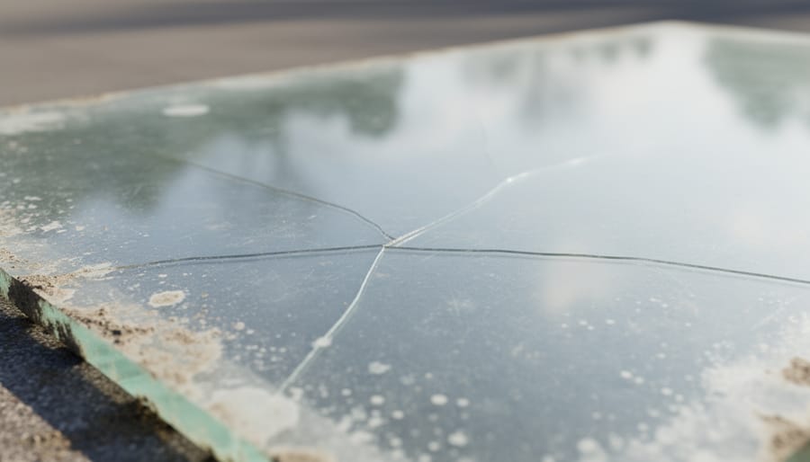 Close-up of a solar panel surface showing signs of aging and fine microcracks in the glass.
