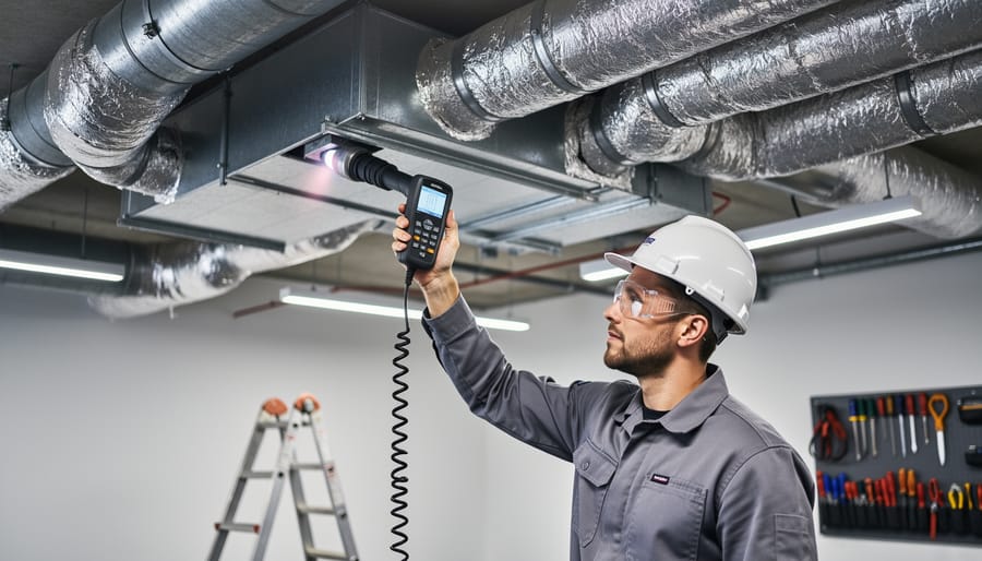 HVAC technician using a thermal imaging camera near an air handler to check for energy loss