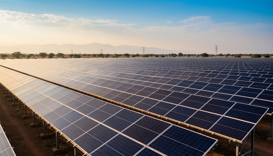 Utility-scale solar panels at an Indian renewable energy plant in golden hour light