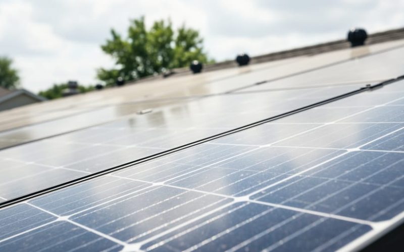 Close-up of photovoltaic solar panels on a rooftop under soft daylight, emphasizing solar energy capture.