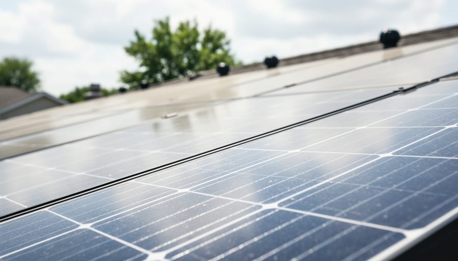 Close-up of photovoltaic solar panels on a rooftop under soft daylight, emphasizing solar energy capture.