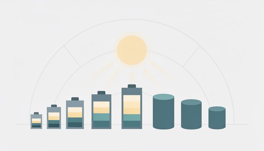 Outdoor residential battery storage unit placed near solar panels at sunrise