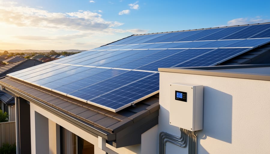 Rooftop solar panels installed on a residential roof in bright daylight