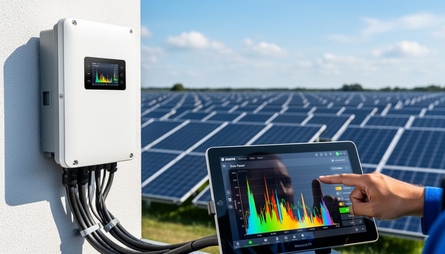 Close-up of a solar inverter and charge controller components in an electrical enclosure